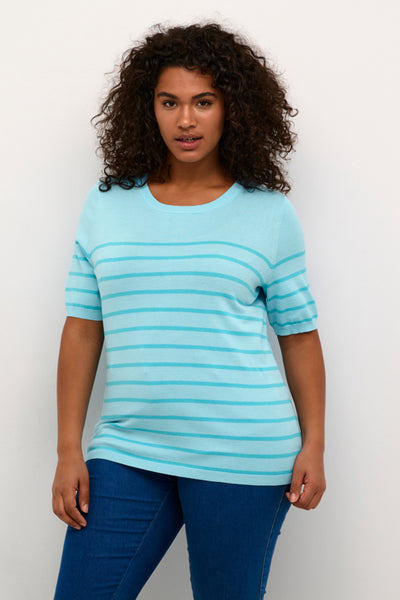 Billede af plus size model med lyseblå t-shirt. T-shirten har tynde blå vandrette striber på t-shirten. 