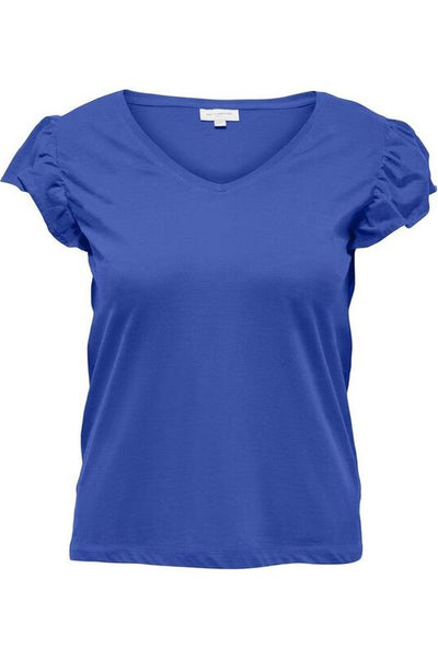 Billede af blå plus size t-shirt, med korte flæse ærmer.